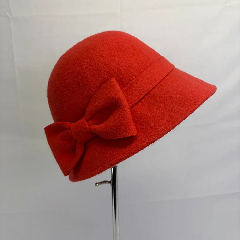 Kate Spade New York Wool Felt 1920s style Cloche Bucket Hat Red Bow